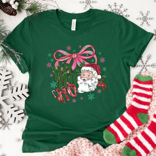 Ho Ho Ho Santa Shirt or Sweatshirt – Coquette Bow Retro Christmas Top – S-4XL Plus Size – Multiple Colors