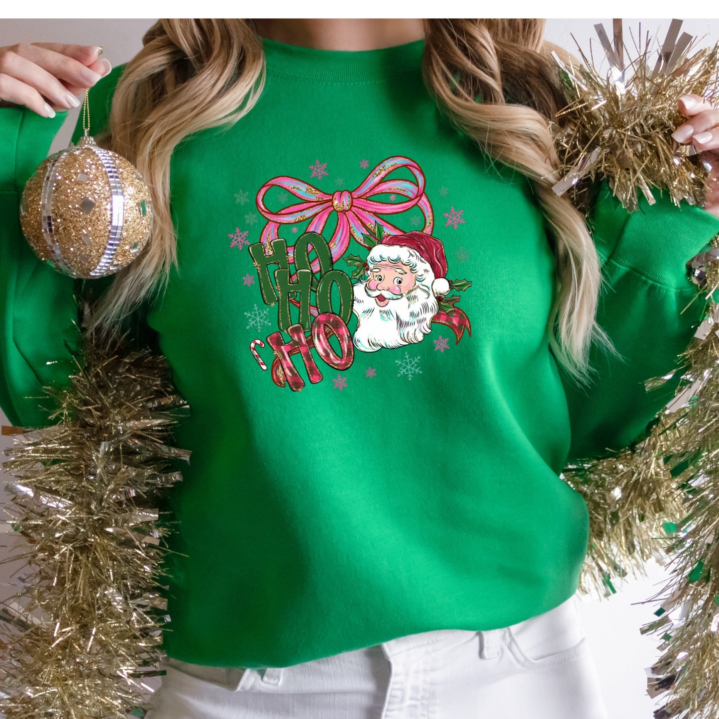 Ho Ho Ho Santa Shirt or Sweatshirt – Coquette Bow Retro Christmas Top – S-4XL Plus Size – Multiple Colors