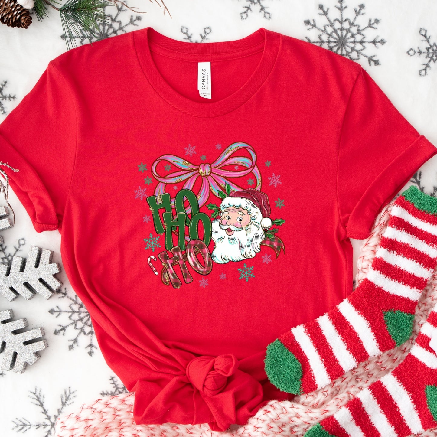 Ho Ho Ho Santa Shirt or Sweatshirt – Coquette Bow Retro Christmas Top – S-4XL Plus Size – Multiple Colors