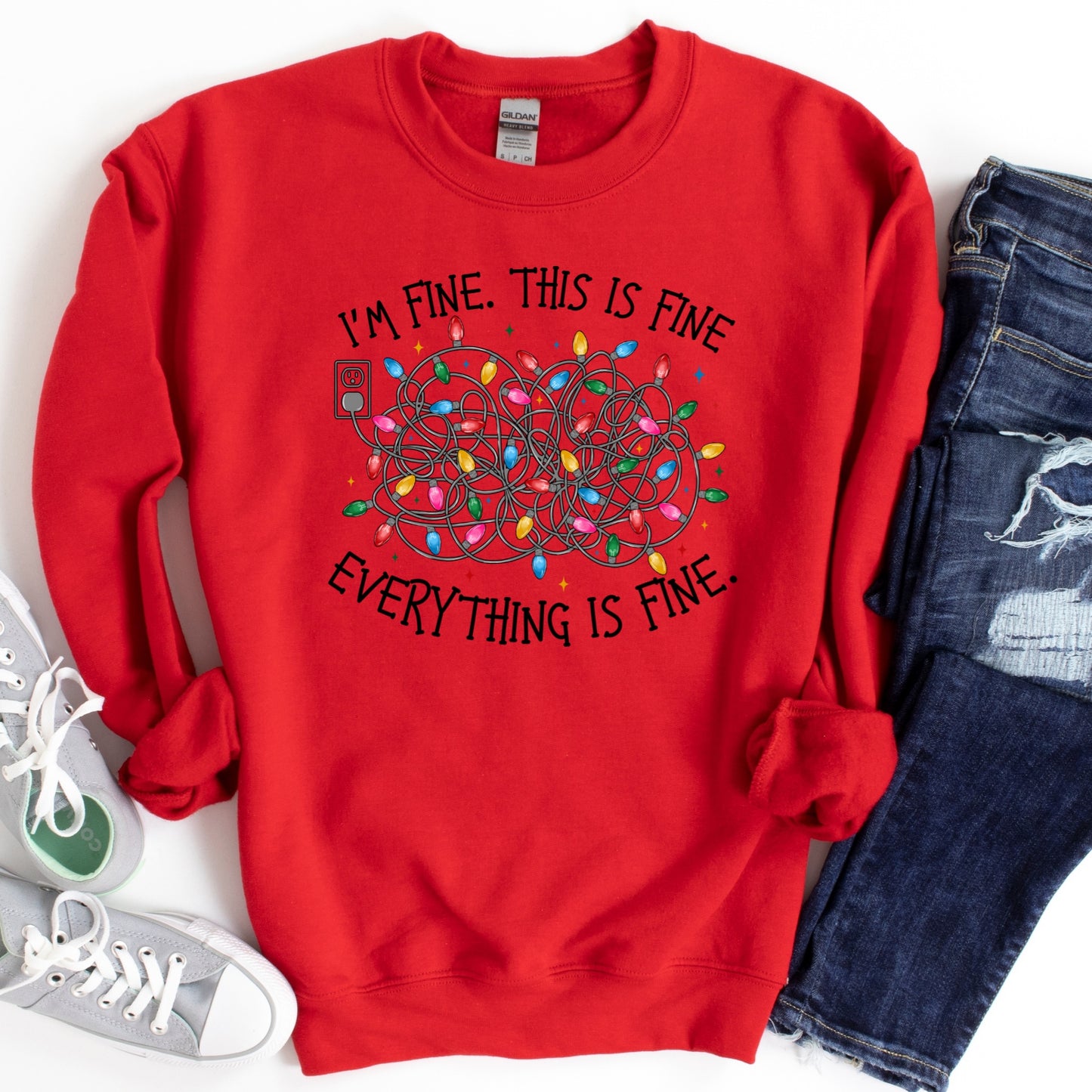 I’m Fine Christmas Lights Shirt or Sweatshirt – Funny Holiday Top – S-4XL Plus Size – Multiple Colors