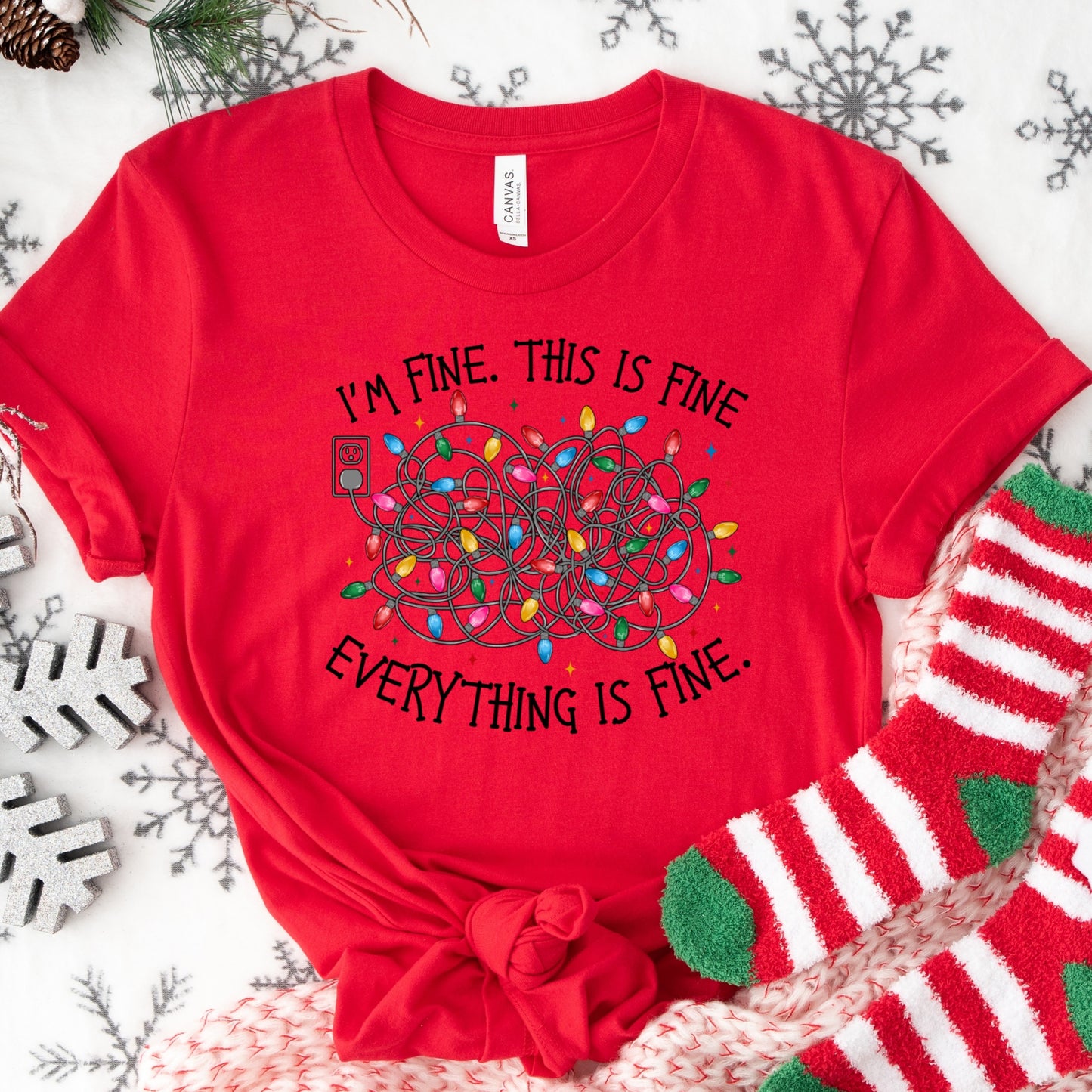 I’m Fine Christmas Lights Shirt or Sweatshirt – Funny Holiday Top – S-4XL Plus Size – Multiple Colors