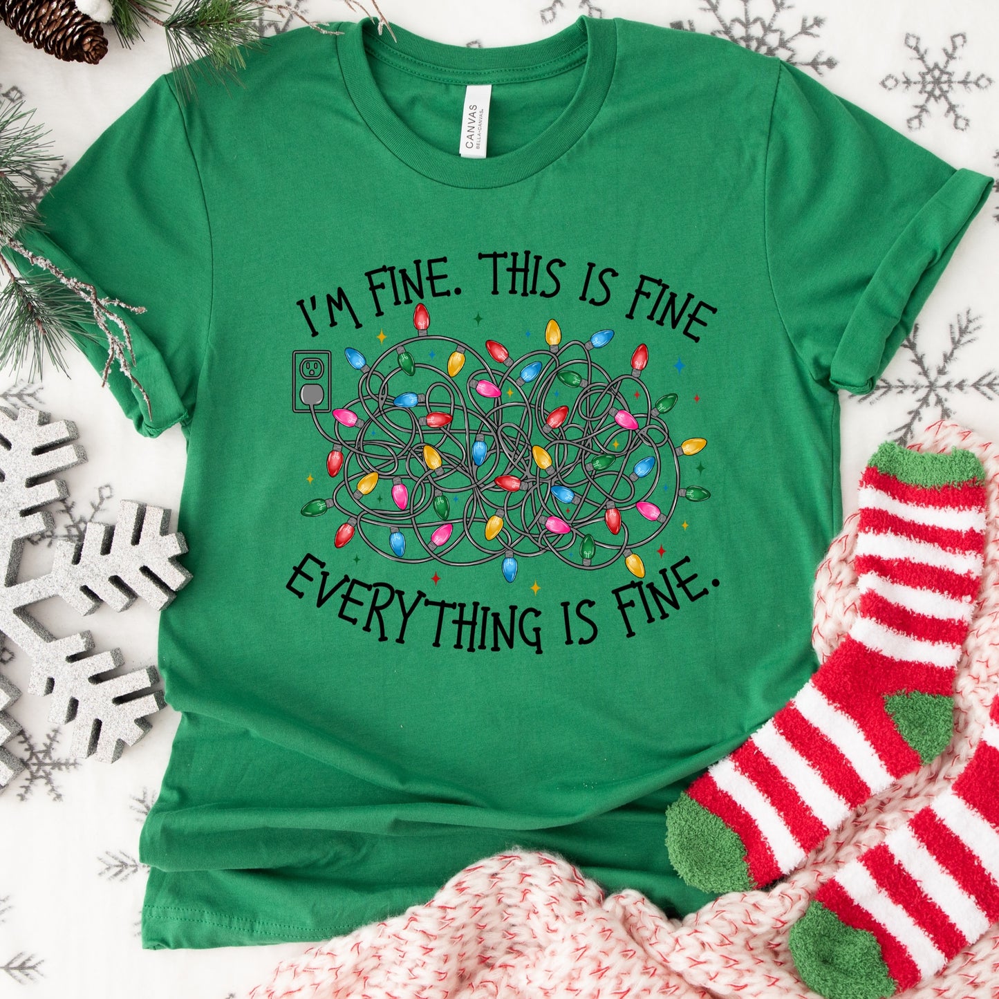 I’m Fine Christmas Lights Shirt or Sweatshirt – Funny Holiday Top – S-4XL Plus Size – Multiple Colors