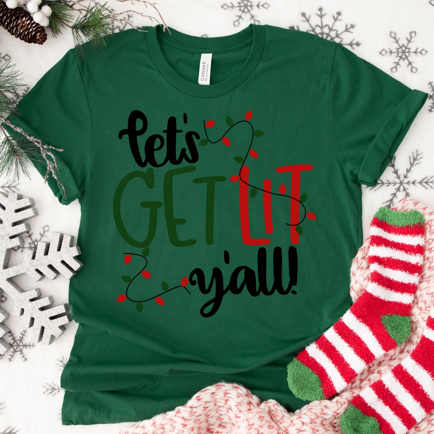 Let’s Get Lit Y’all Shirt or Sweatshirt – Funny Christmas Lights Top – S-4XL Plus Size – Multiple Colors