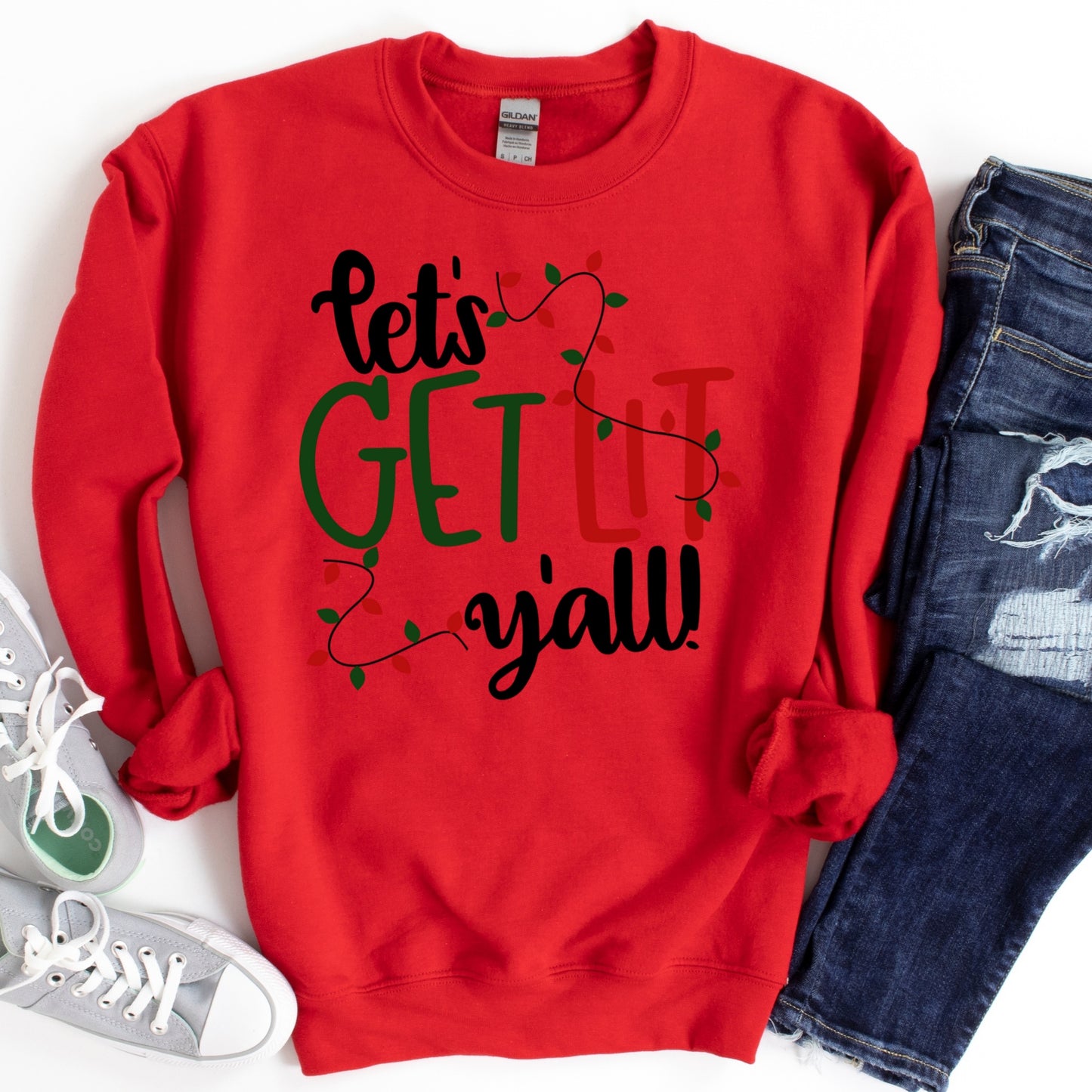 Let’s Get Lit Y’all Shirt or Sweatshirt – Funny Christmas Lights Top – S-4XL Plus Size – Multiple Colors