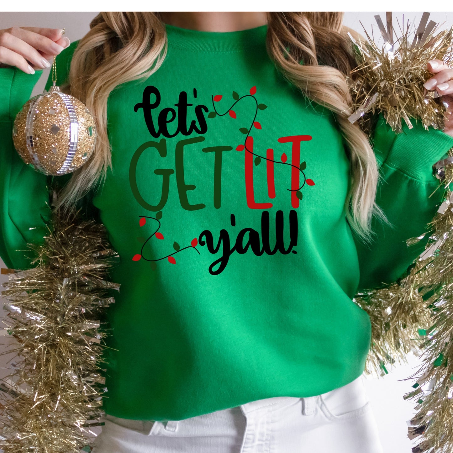 Let’s Get Lit Y’all Shirt or Sweatshirt – Funny Christmas Lights Top – S-4XL Plus Size – Multiple Colors