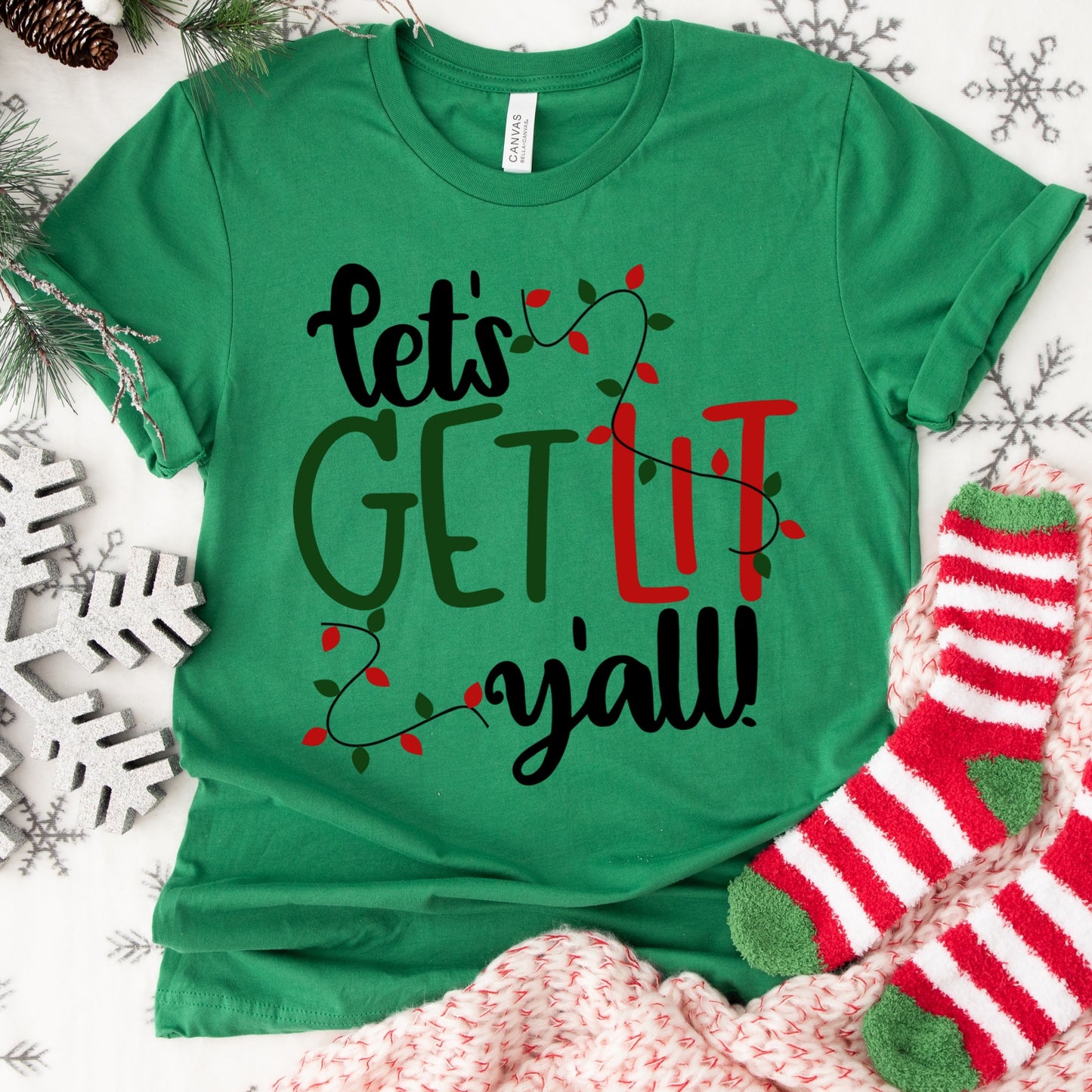 Let’s Get Lit Y’all Shirt or Sweatshirt – Funny Christmas Lights Top – S-4XL Plus Size – Multiple Colors