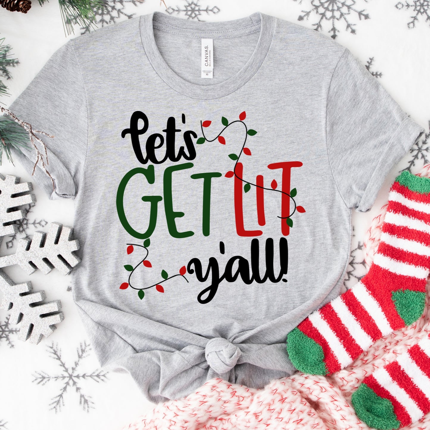 Let’s Get Lit Y’all Shirt or Sweatshirt – Funny Christmas Lights Top – S-4XL Plus Size – Multiple Colors