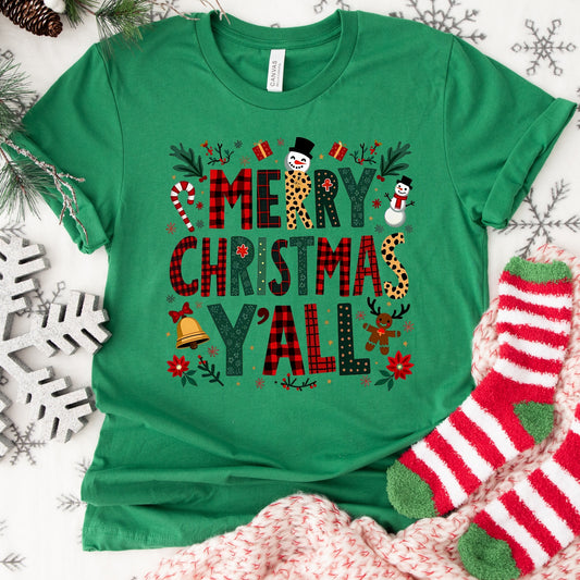 Merry Christmas Y’all Shirt or Sweatshirt – Plaid Holiday Top S-4XL Plus Size – Multiple Colors