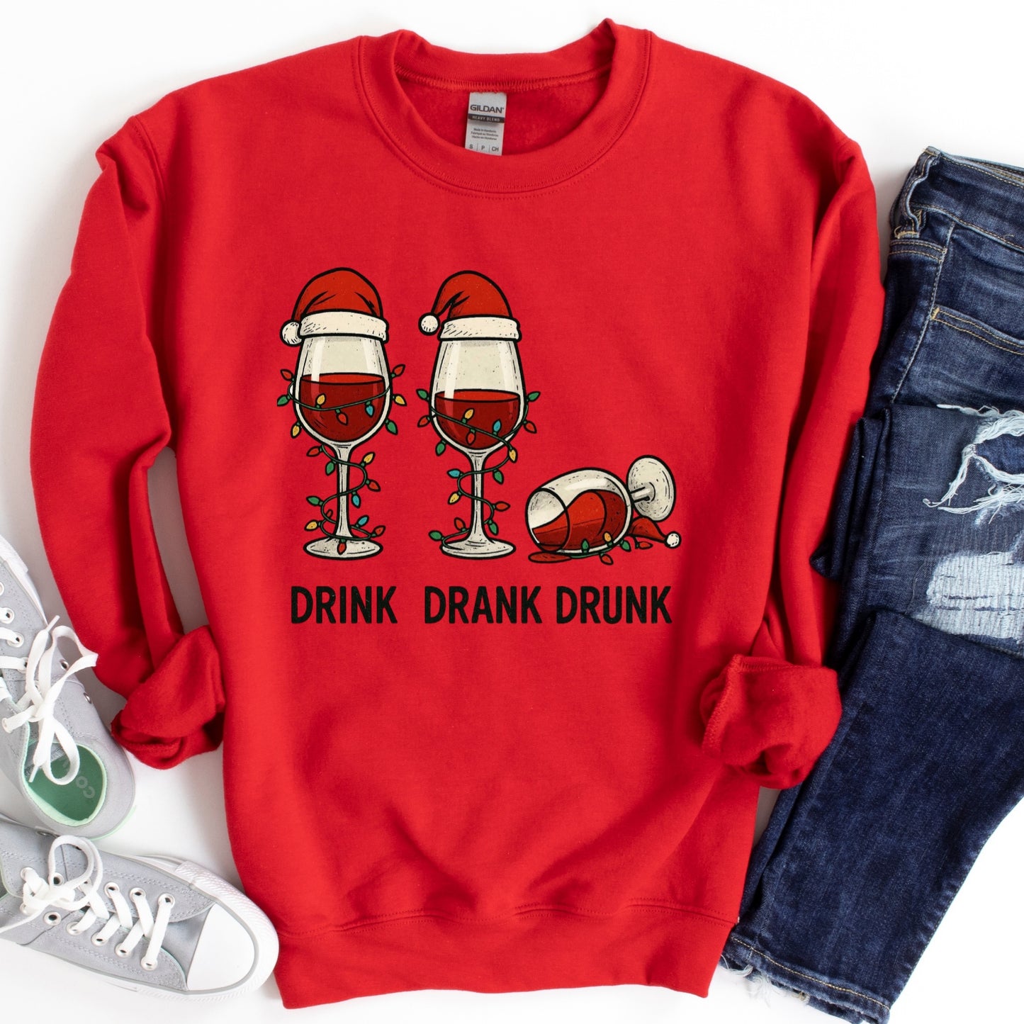 Drink Drank Drunk Shirt or Sweatshirt – Funny Christmas Wine Top S-4XL Plus Size – Multiple Colors