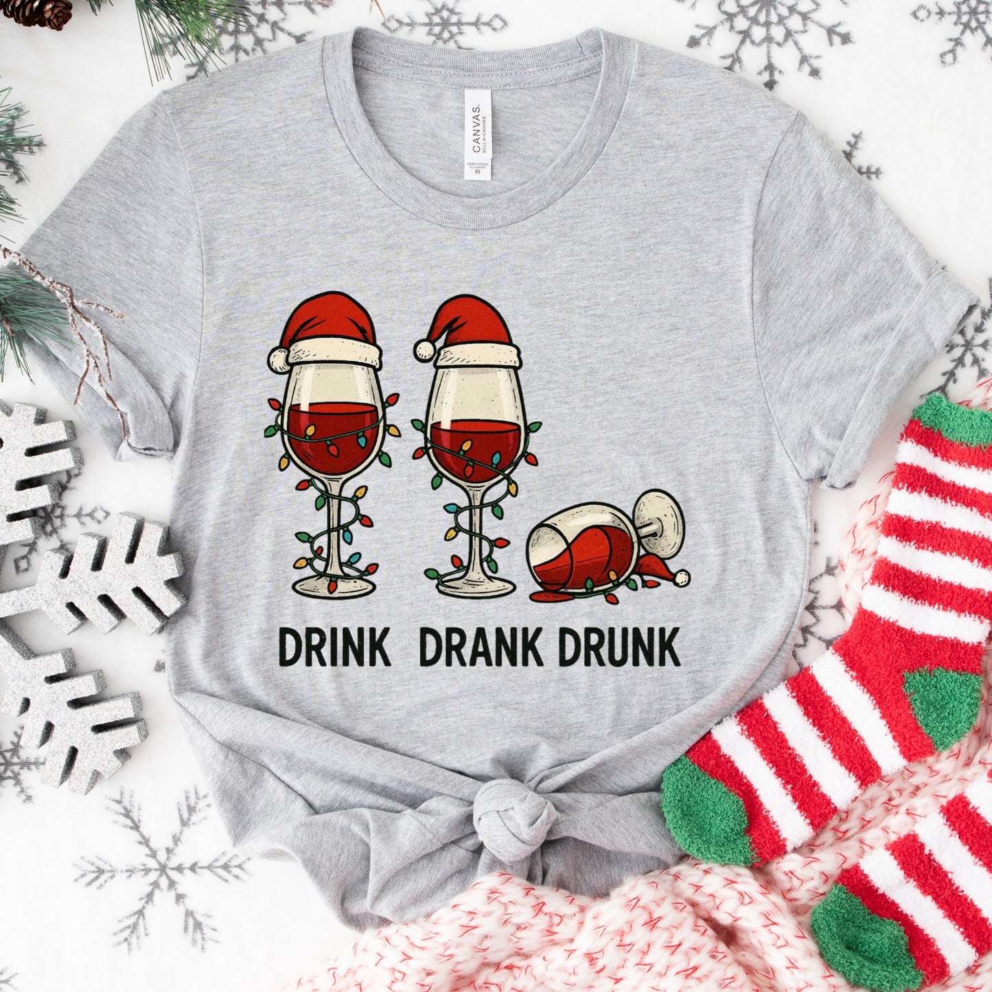 Drink Drank Drunk Shirt or Sweatshirt – Funny Christmas Wine Top S-4XL Plus Size – Multiple Colors