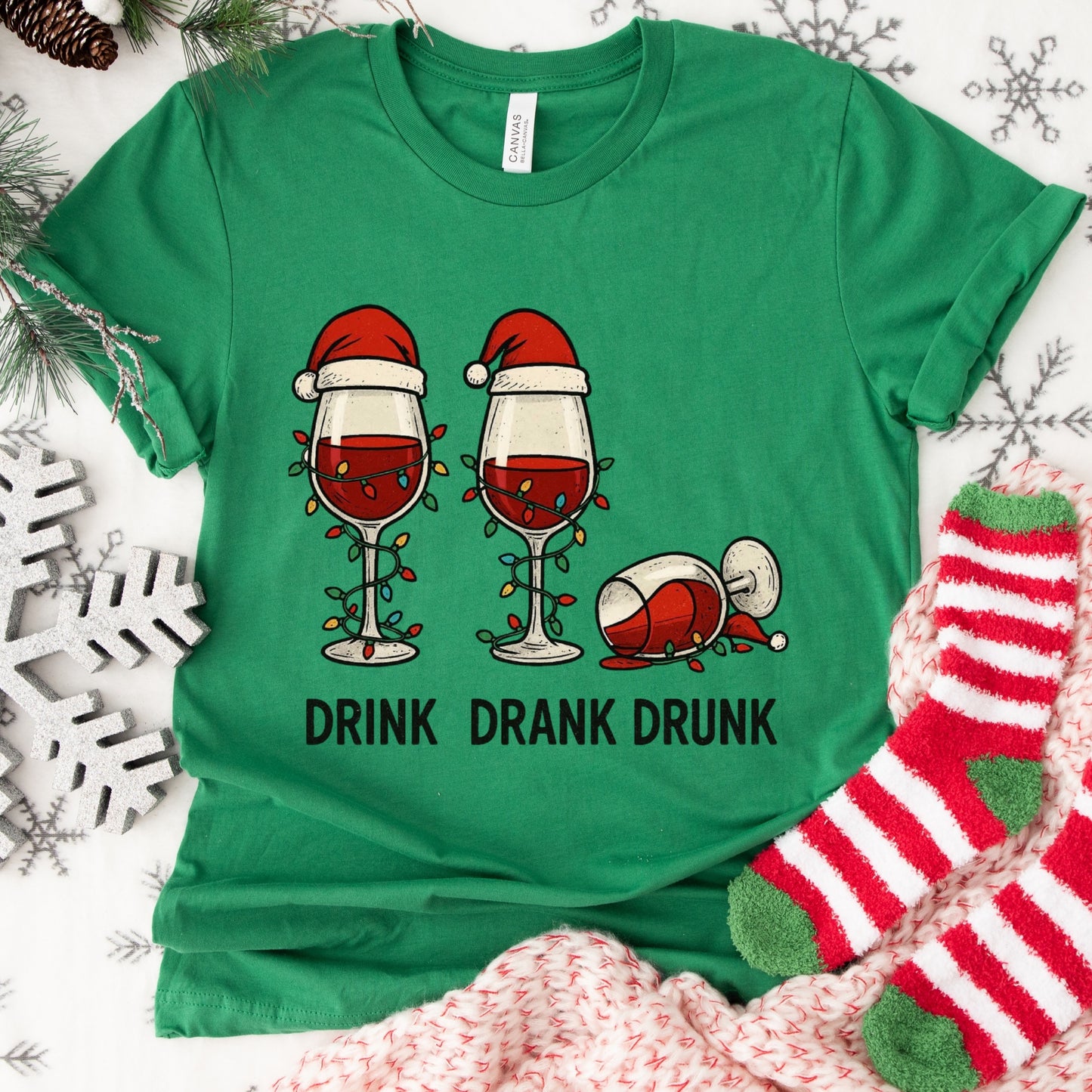Drink Drank Drunk Shirt or Sweatshirt – Funny Christmas Wine Top S-4XL Plus Size – Multiple Colors