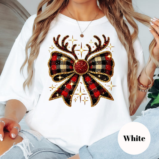 Plaid Reindeer Bow Shirt or Sweatshirt – Christmas Holiday Top S-4XL Plus Size – Multiple Colors