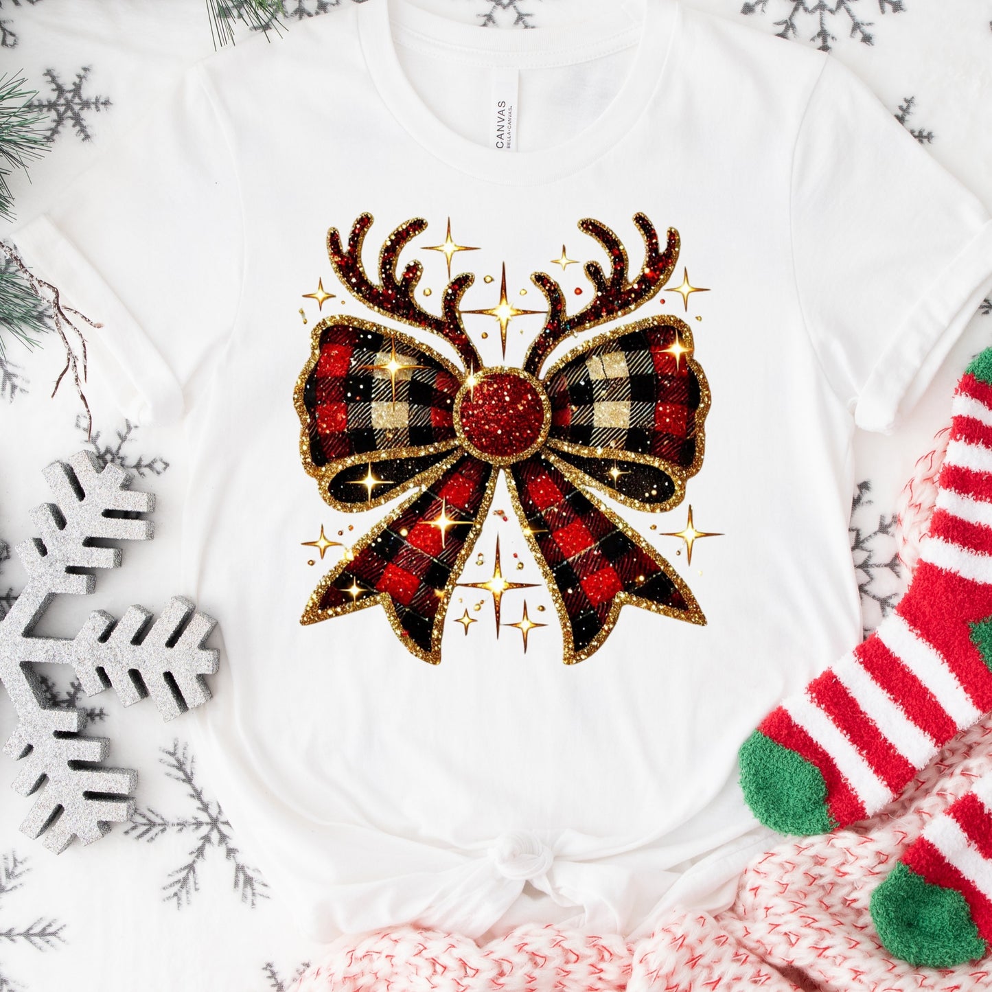 Plaid Reindeer Bow Shirt or Sweatshirt – Christmas Holiday Top S-4XL Plus Size – Multiple Colors