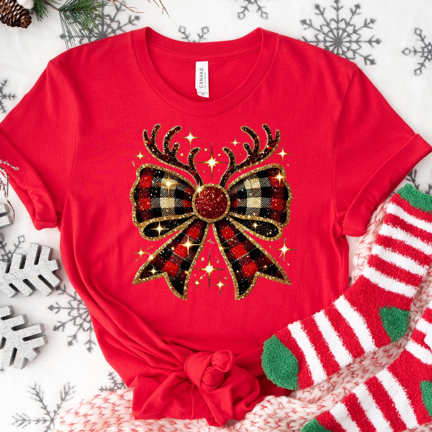 Plaid Reindeer Bow Shirt or Sweatshirt – Christmas Holiday Top S-4XL Plus Size – Multiple Colors