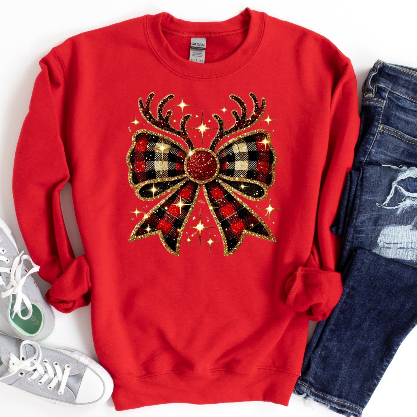 Plaid Reindeer Bow Shirt or Sweatshirt – Christmas Holiday Top S-4XL Plus Size – Multiple Colors