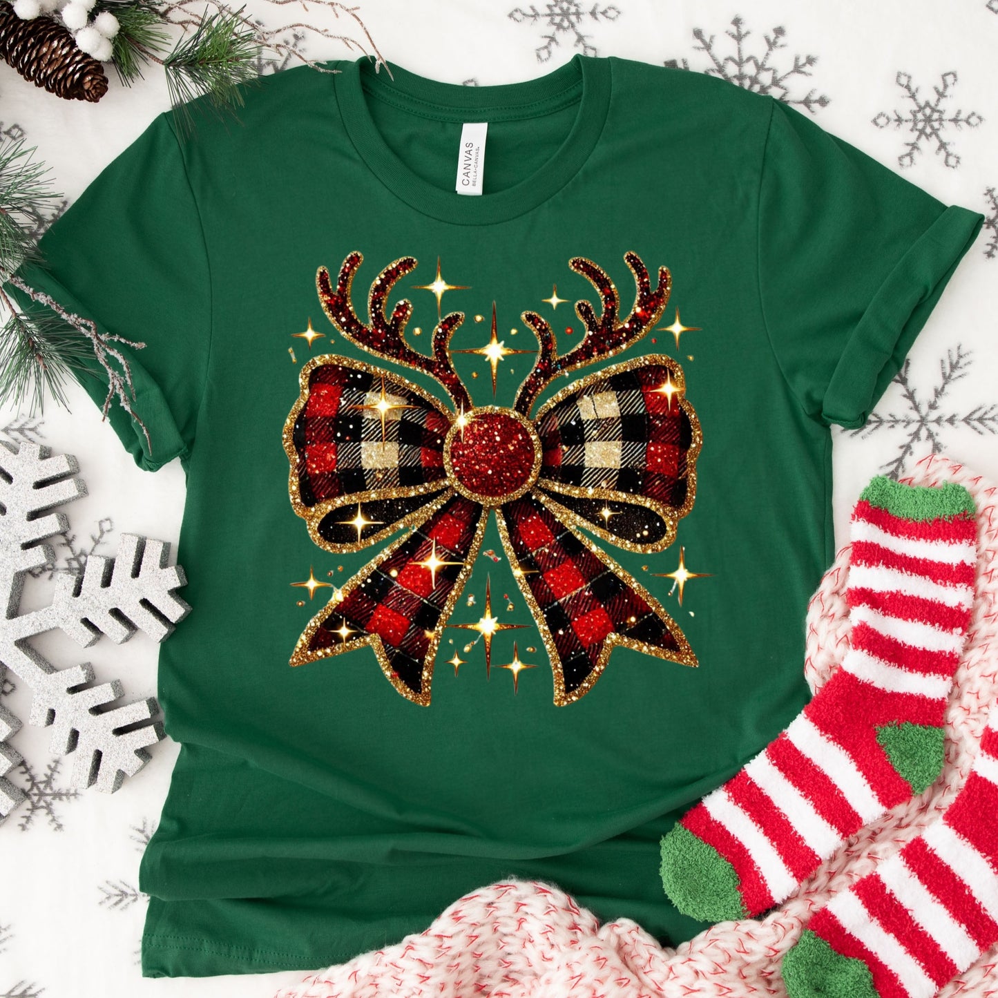Plaid Reindeer Bow Shirt or Sweatshirt – Christmas Holiday Top S-4XL Plus Size – Multiple Colors