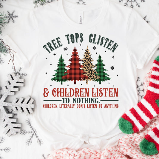 Tree Tops Glisten Shirt or Sweatshirt – Funny Christmas Top S-4XL Plus Size – Plaid & Leopard Trees – Holiday Family Tee