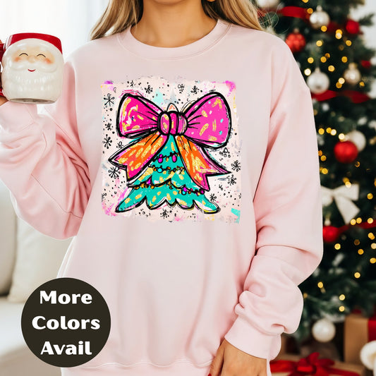Bright Bow Christmas Tree Shirt – Neon Holiday Tee S-4XL – Colorful Festive Christmas Top – Funky Tree Shirt – Multiple Colors
