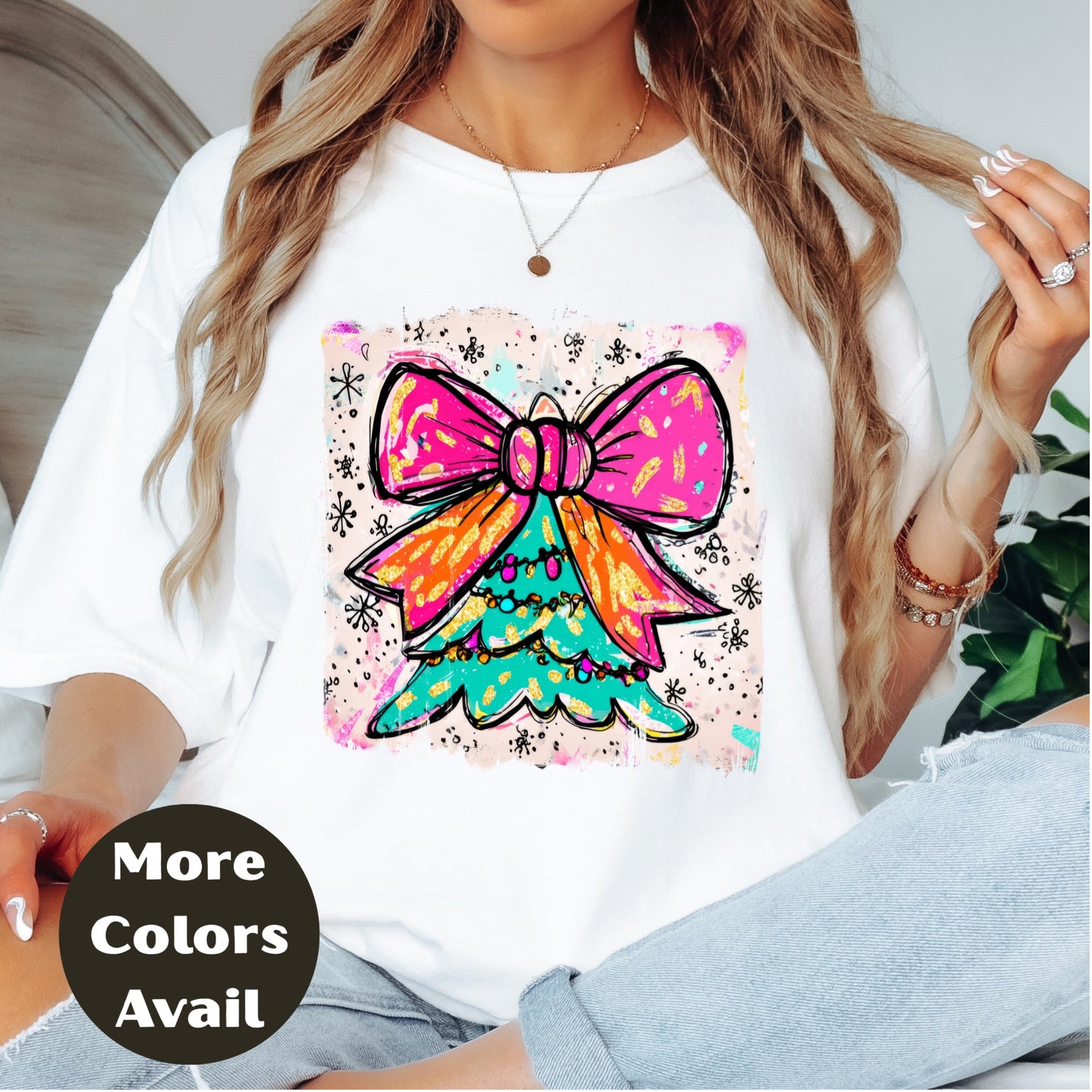 Bright Bow Christmas Tree Shirt – Neon Holiday Tee S-4XL – Colorful Festive Christmas Top – Funky Tree Shirt – Multiple Colors