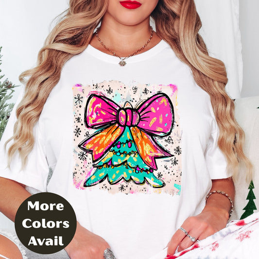 Bright Bow Christmas Tree Shirt – Neon Holiday Tee S-4XL – Colorful Festive Christmas Top – Funky Tree Shirt – Multiple Colors
