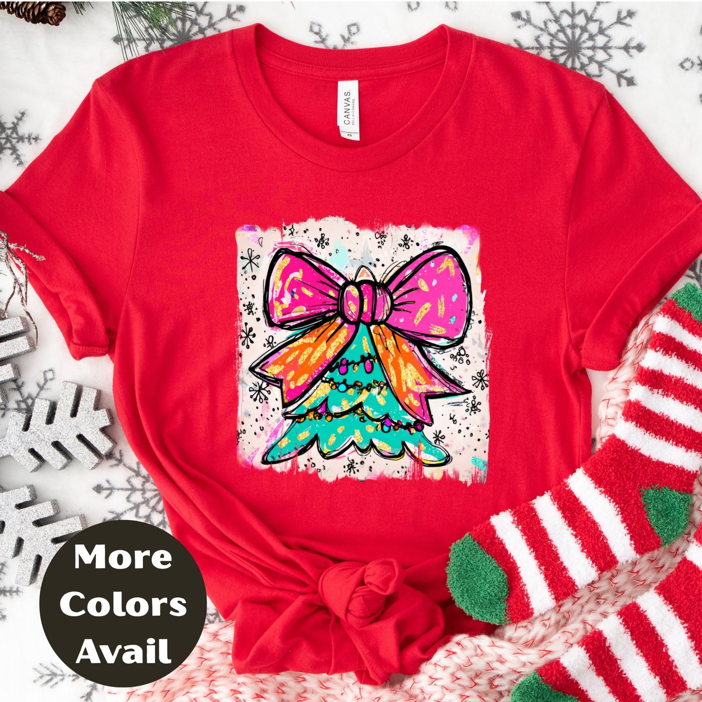 Bright Bow Christmas Tree Shirt – Neon Holiday Tee S-4XL – Colorful Festive Christmas Top – Funky Tree Shirt – Multiple Colors