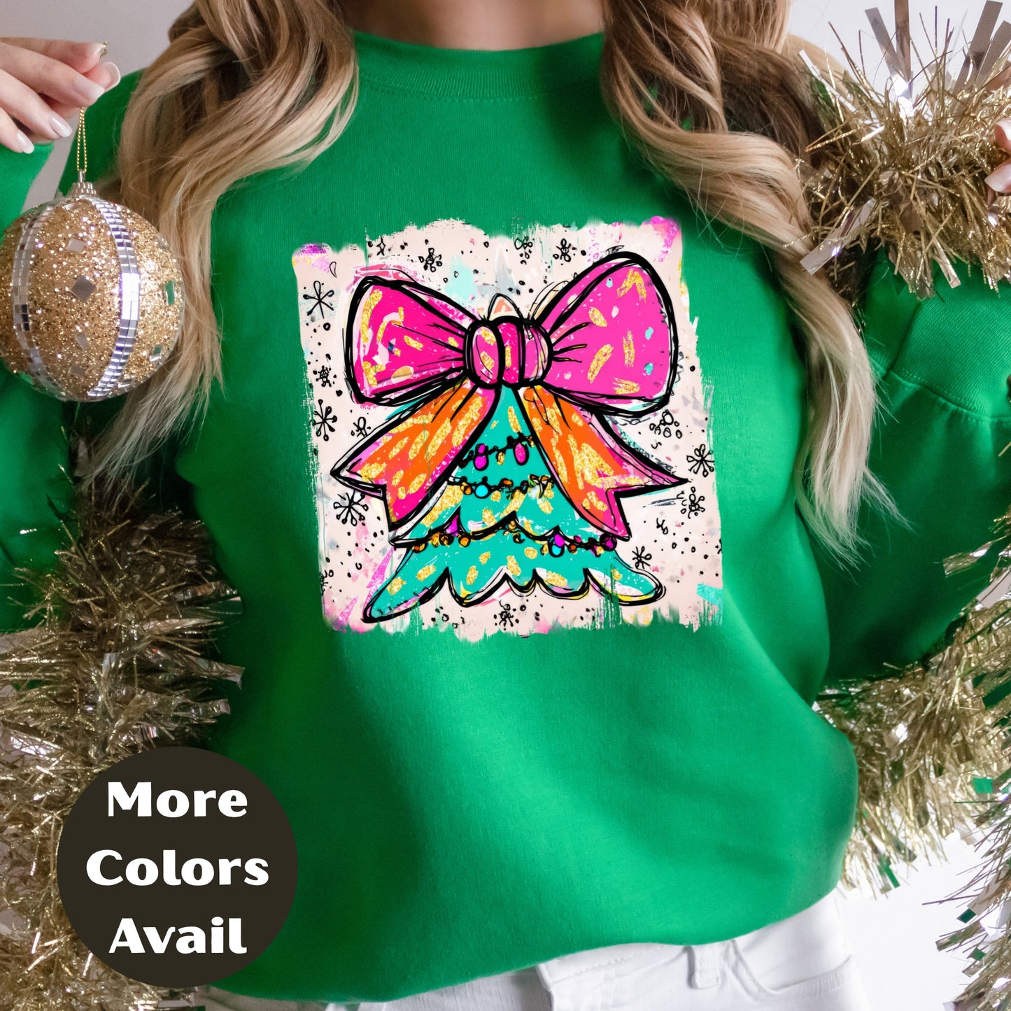 Bright Bow Christmas Tree Shirt – Neon Holiday Tee S-4XL – Colorful Festive Christmas Top – Funky Tree Shirt – Multiple Colors