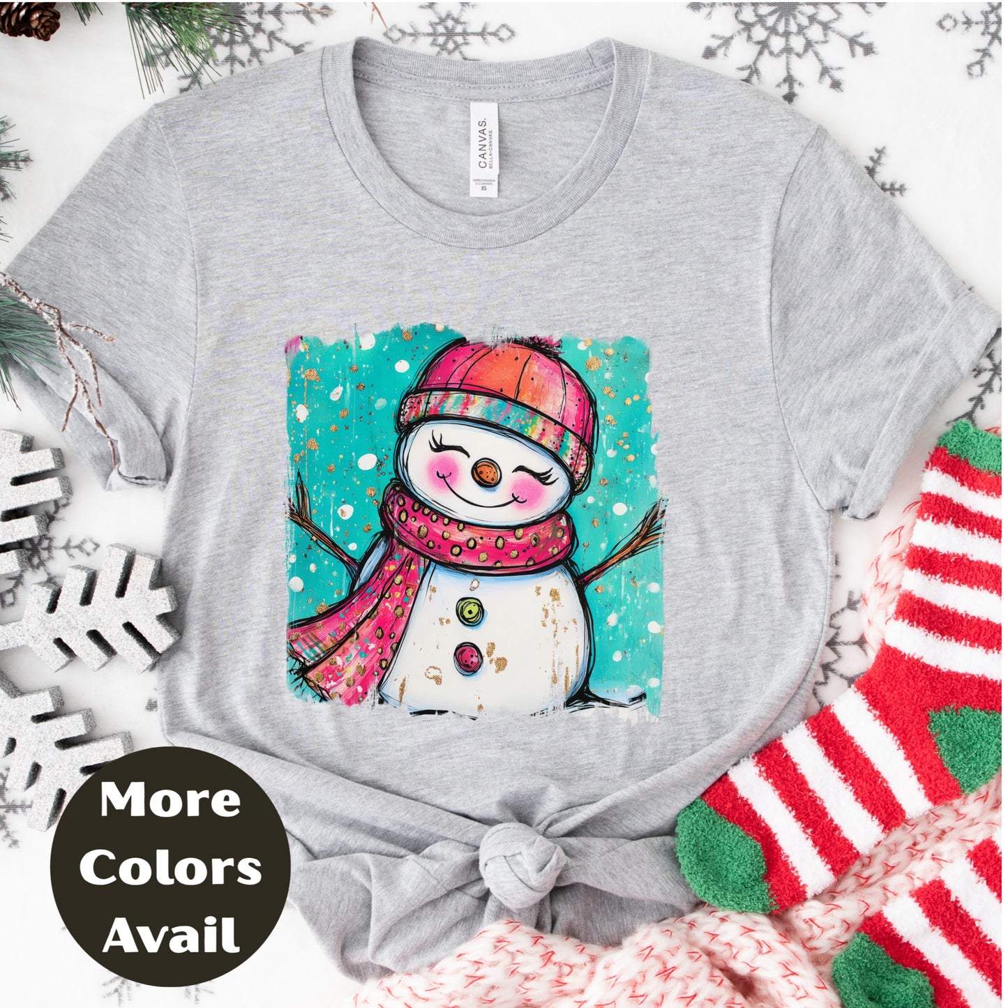 Colorful Smiling Snowman Shirt – Cute Christmas Tee S-4XL – Hand Drawn Winter Snowman Top – Festive Holiday Shirt – More Colors Available