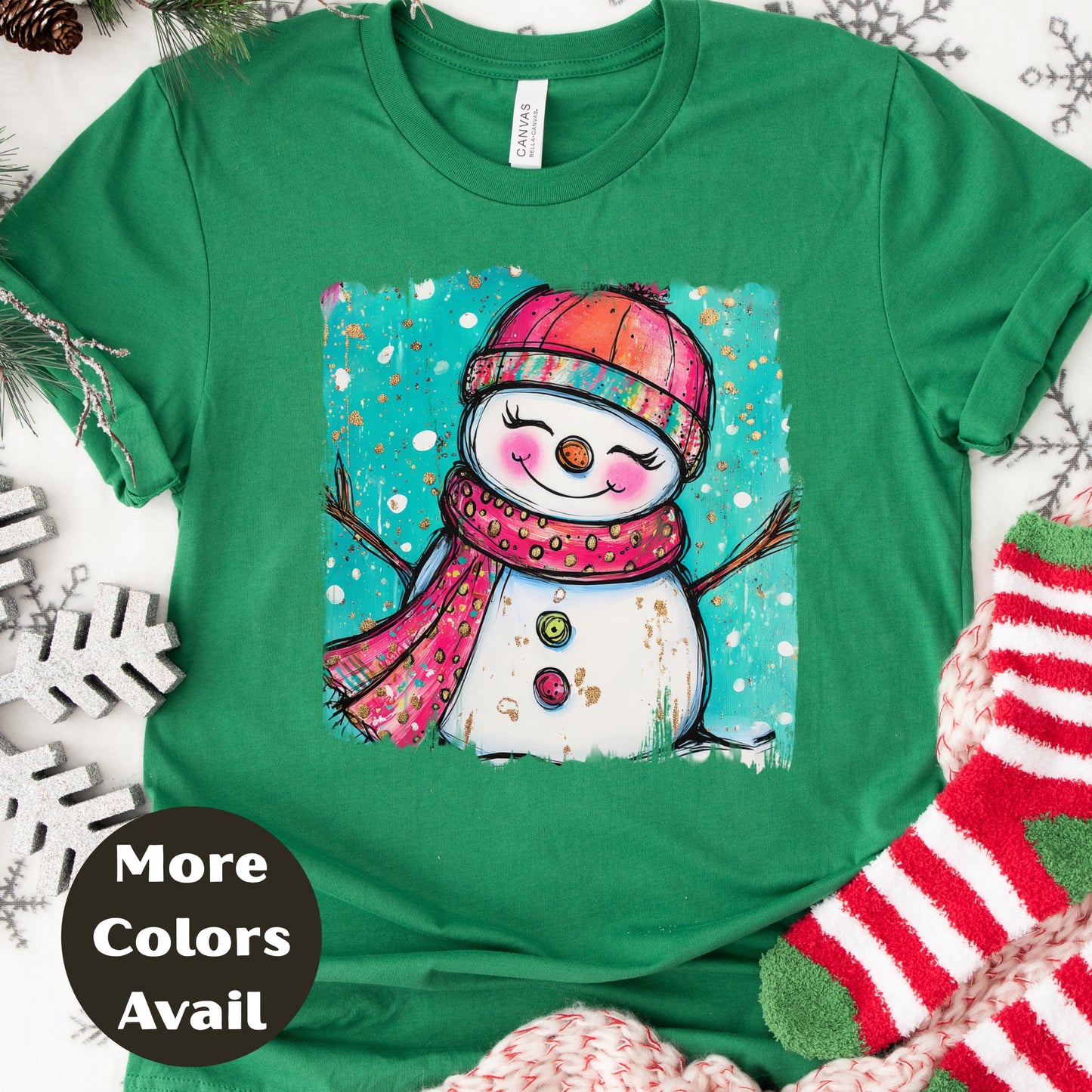 Colorful Smiling Snowman Shirt – Cute Christmas Tee S-4XL – Hand Drawn Winter Snowman Top – Festive Holiday Shirt – More Colors Available