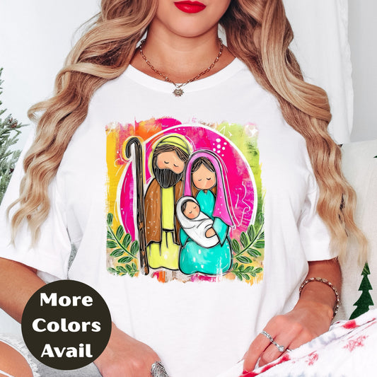 Hand Drawn Nativity Scene Christmas Shirt –  S-4XL – Faith Top – Christian Christmas Gift – More Colors Available