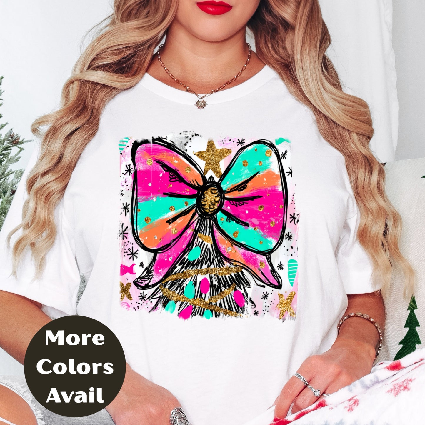 Bright Bow Christmas Tree Shirt or Sweatshirt – Colorful Neon Holiday Top S-4XL Plus Size – Festive Christmas Tee
