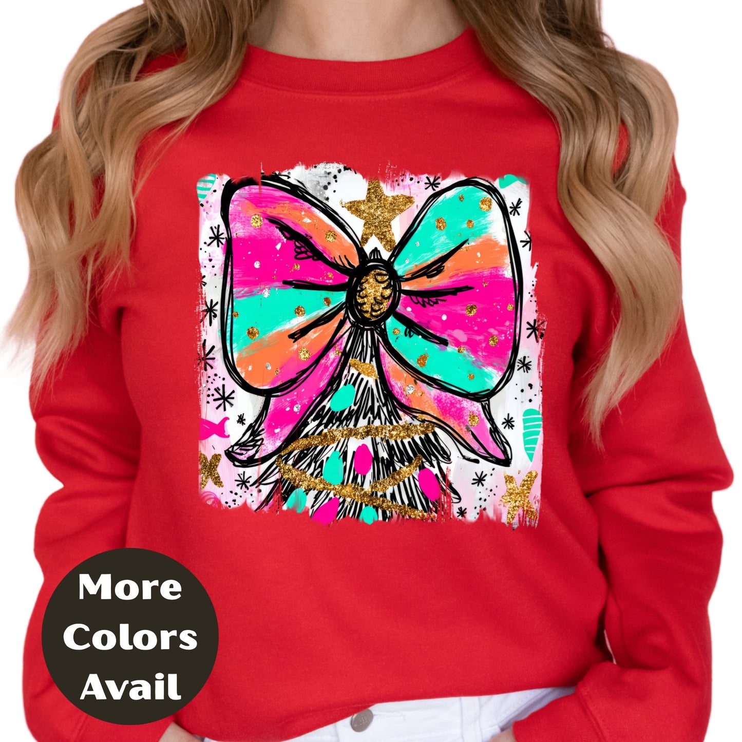 Bright Bow Christmas Tree Shirt or Sweatshirt – Colorful Neon Holiday Top S-4XL Plus Size – Festive Christmas Tee
