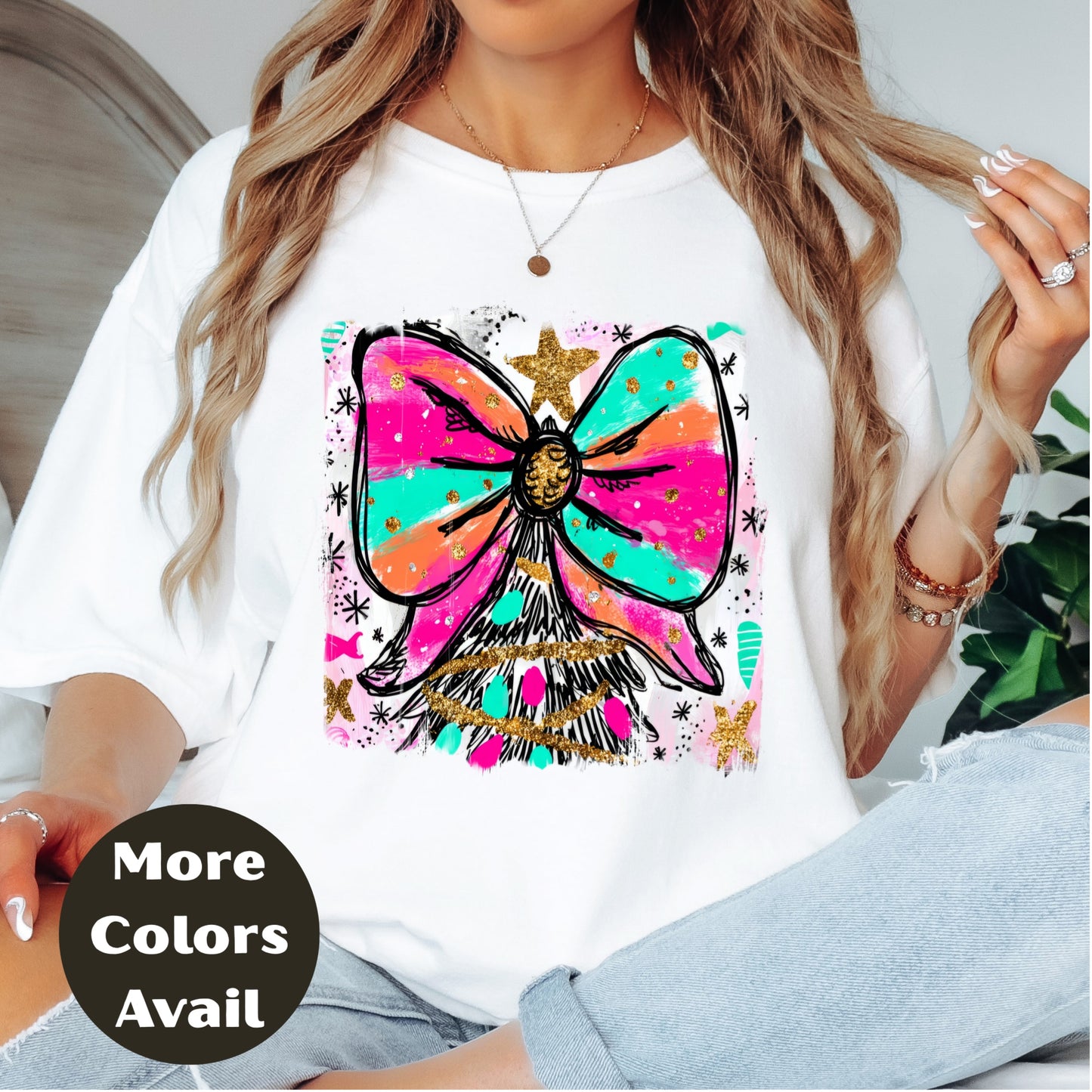 Bright Bow Christmas Tree Shirt or Sweatshirt – Colorful Neon Holiday Top S-4XL Plus Size – Festive Christmas Tee