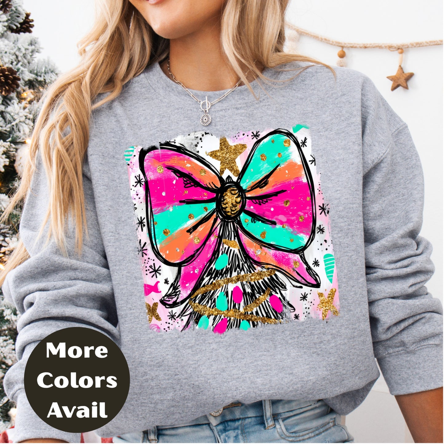 Bright Bow Christmas Tree Shirt or Sweatshirt – Colorful Neon Holiday Top S-4XL Plus Size – Festive Christmas Tee