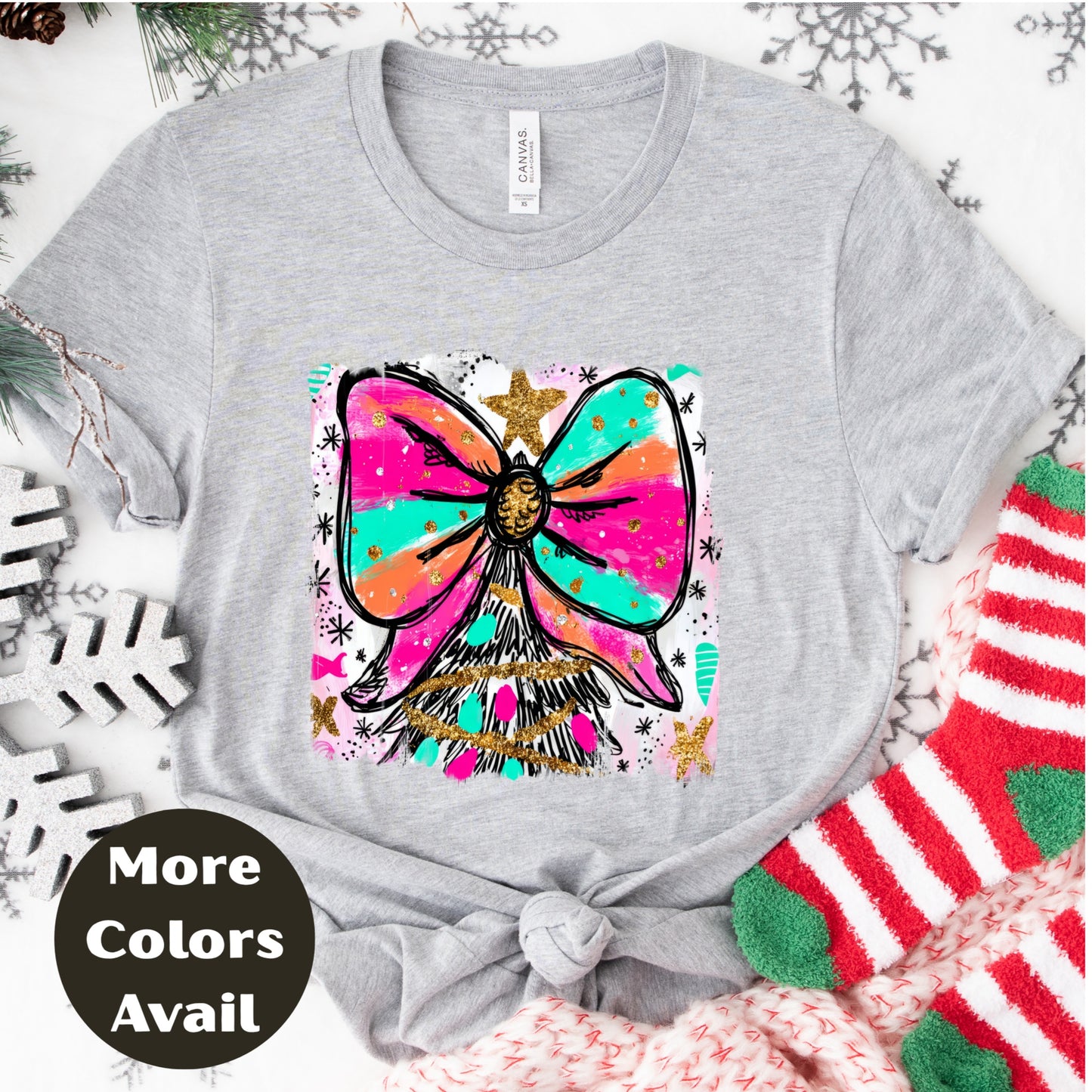 Bright Bow Christmas Tree Shirt or Sweatshirt – Colorful Neon Holiday Top S-4XL Plus Size – Festive Christmas Tee