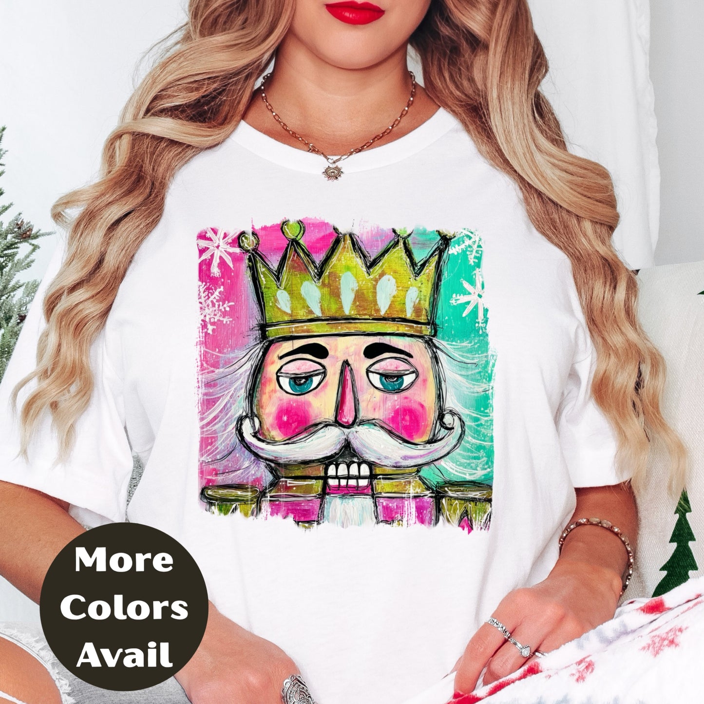 Nutcracker King Shirt or Sweatshirt – Colorful Hand Drawn Christmas Top S-4XL Plus Size – Pink & Teal Crown Nutcracker – Festive Holiday Tee