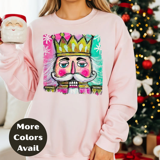 Nutcracker King Shirt or Sweatshirt – Colorful Hand Drawn Christmas Top S-4XL Plus Size – Pink & Teal Crown Nutcracker – Festive Holiday Tee