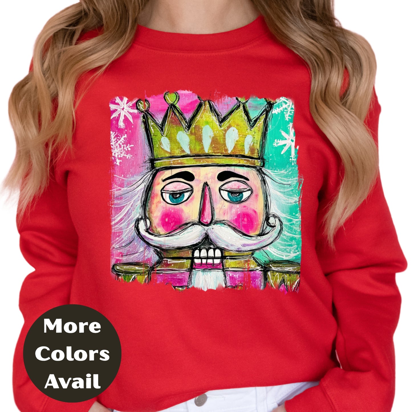 Nutcracker King Shirt or Sweatshirt – Colorful Hand Drawn Christmas Top S-4XL Plus Size – Pink & Teal Crown Nutcracker – Festive Holiday Tee