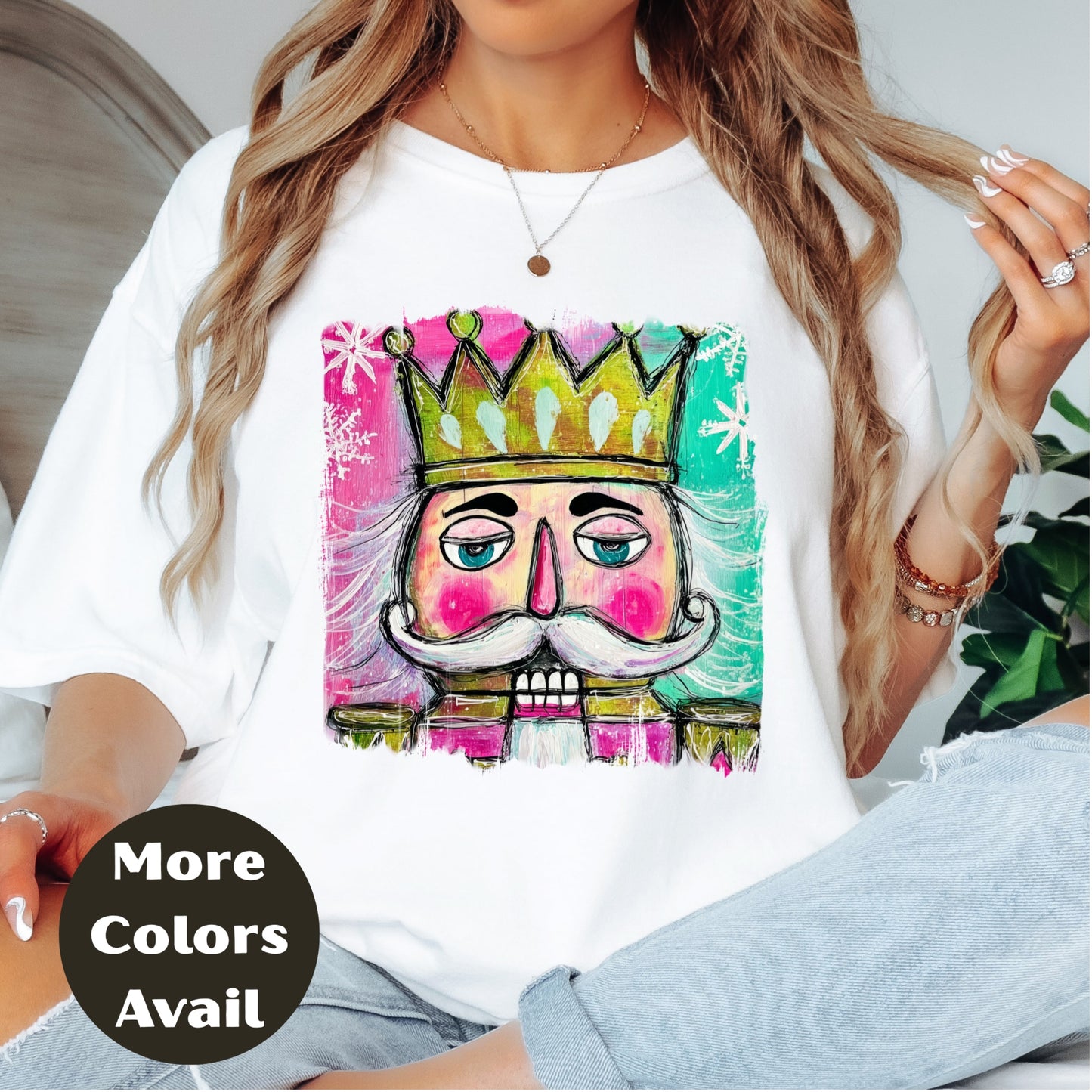 Nutcracker King Shirt or Sweatshirt – Colorful Hand Drawn Christmas Top S-4XL Plus Size – Pink & Teal Crown Nutcracker – Festive Holiday Tee