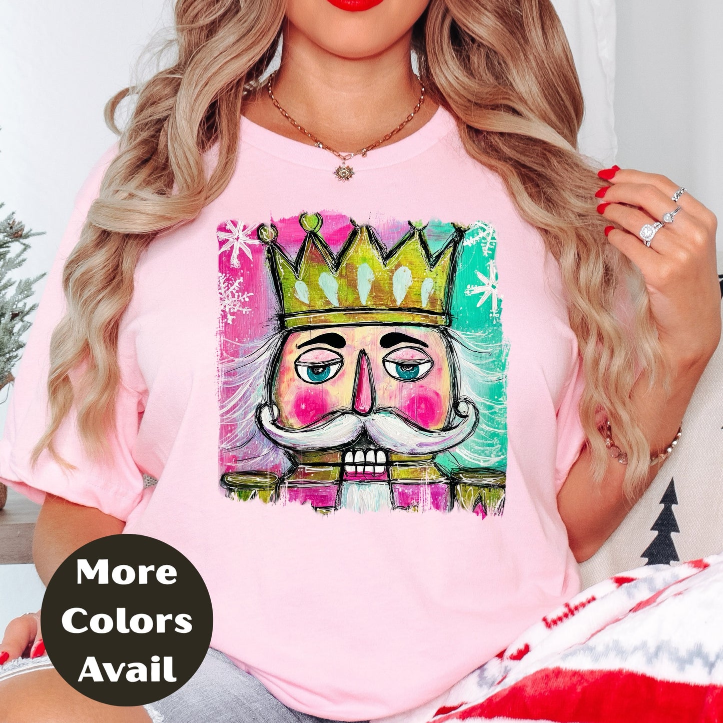 Nutcracker King Shirt or Sweatshirt – Colorful Hand Drawn Christmas Top S-4XL Plus Size – Pink & Teal Crown Nutcracker – Festive Holiday Tee