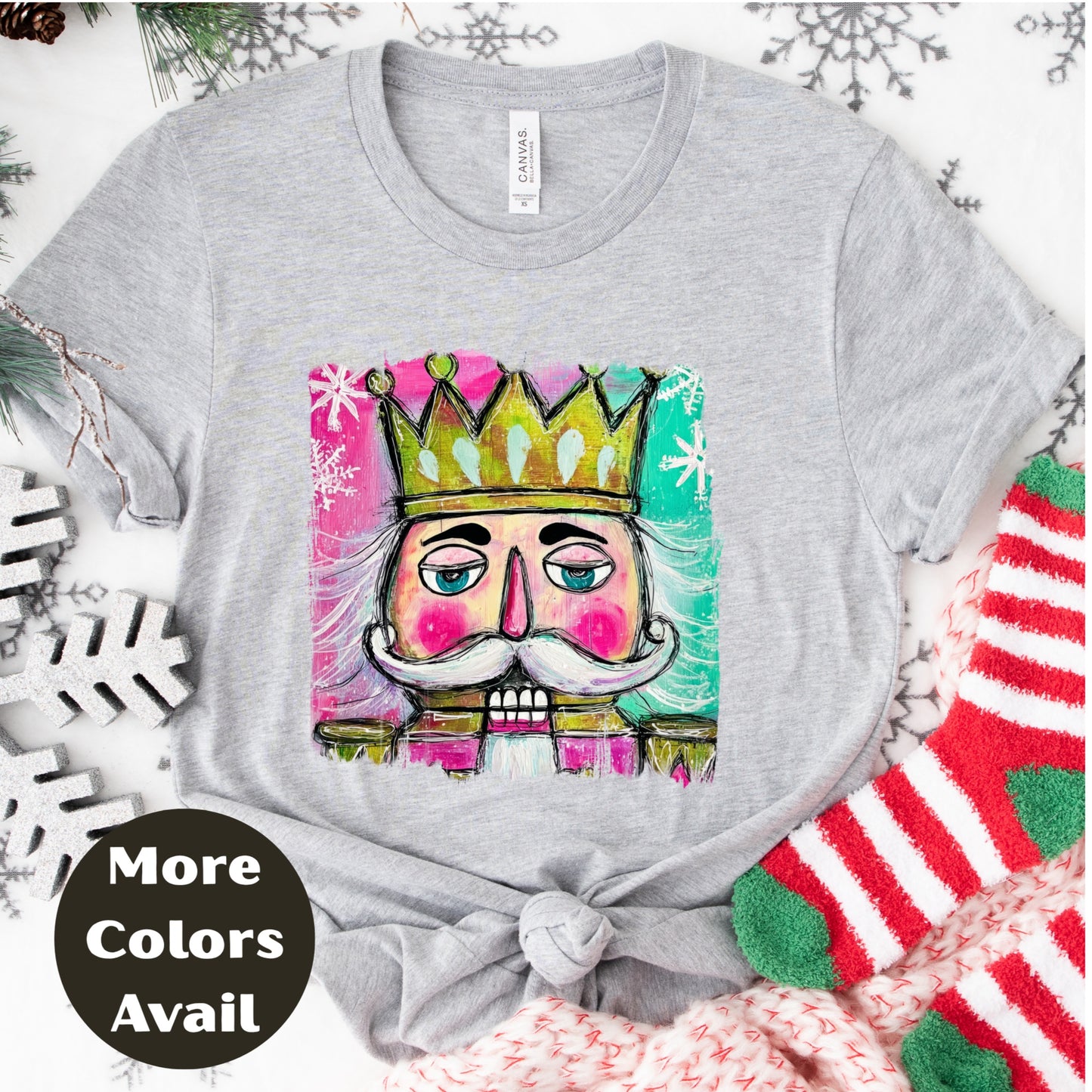 Nutcracker King Shirt or Sweatshirt – Colorful Hand Drawn Christmas Top S-4XL Plus Size – Pink & Teal Crown Nutcracker – Festive Holiday Tee
