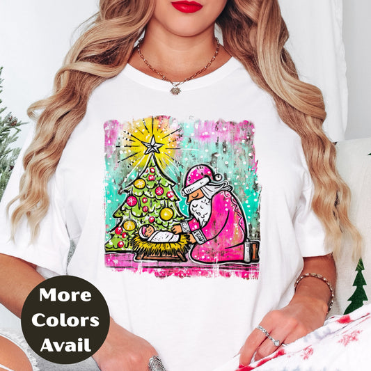 Santa Kneeling at Manger Shirt or Sweatshirt – Colorful Christmas Top S-4XL Plus Size – Multiple Colors – Holiday Christian Gift