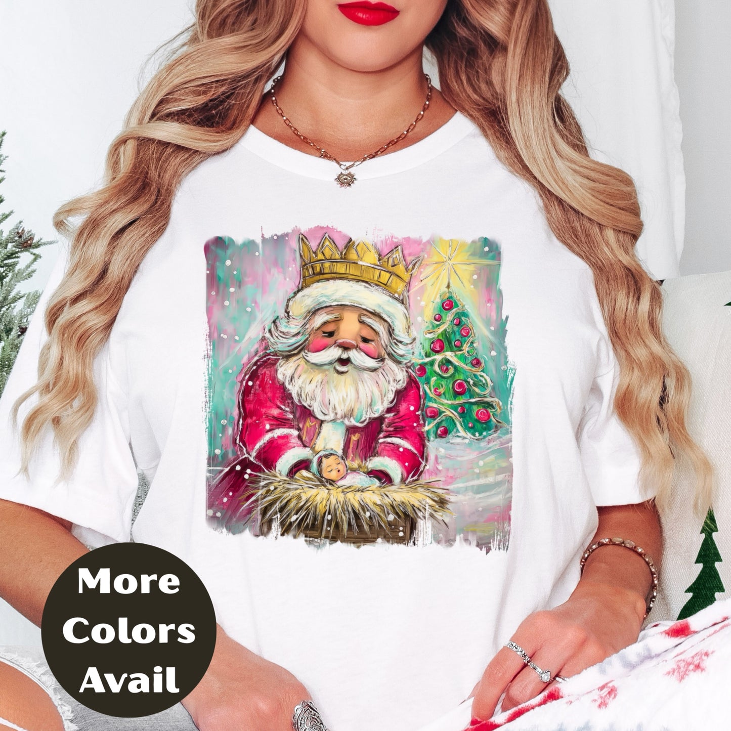 Santa Kneeling at Manger Shirt or Sweatshirt – Colorful Christmas Top S-4XL Plus Size – Santa & Nativity Tee – Holiday Christian Gift