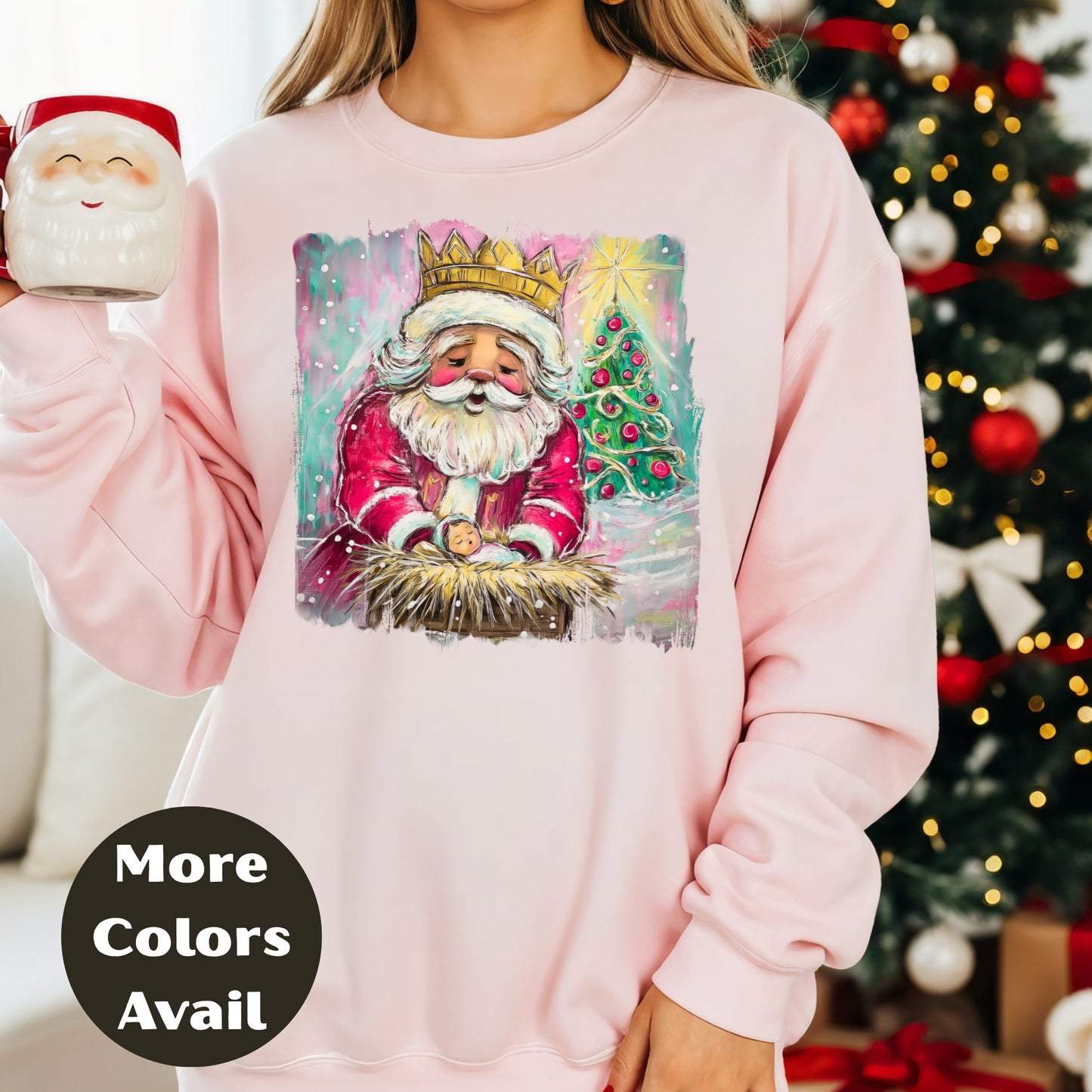 Santa Kneeling at Manger Shirt or Sweatshirt – Colorful Christmas Top S-4XL Plus Size – Santa & Nativity Tee – Holiday Christian Gift