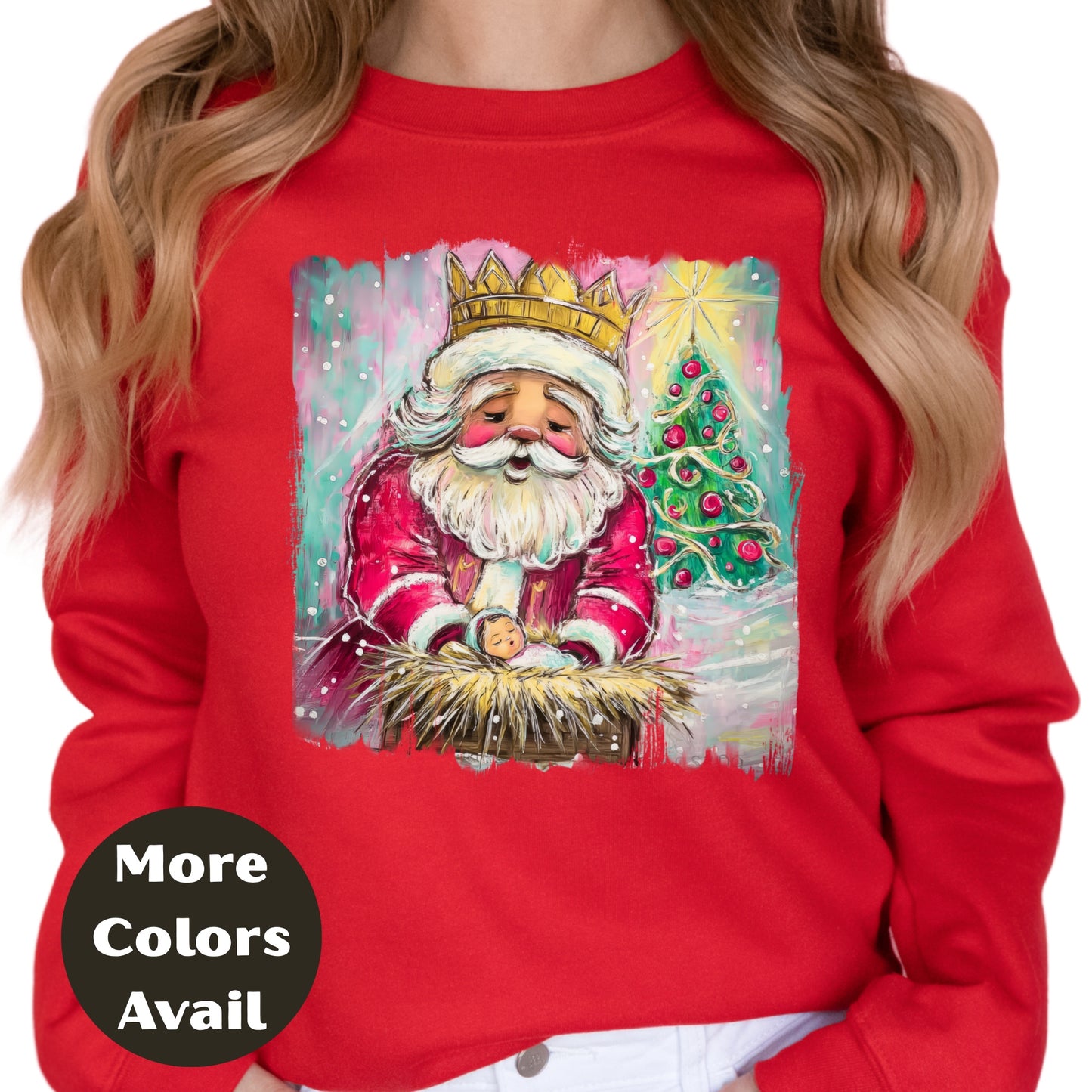 Santa Kneeling at Manger Shirt or Sweatshirt – Colorful Christmas Top S-4XL Plus Size – Santa & Nativity Tee – Holiday Christian Gift