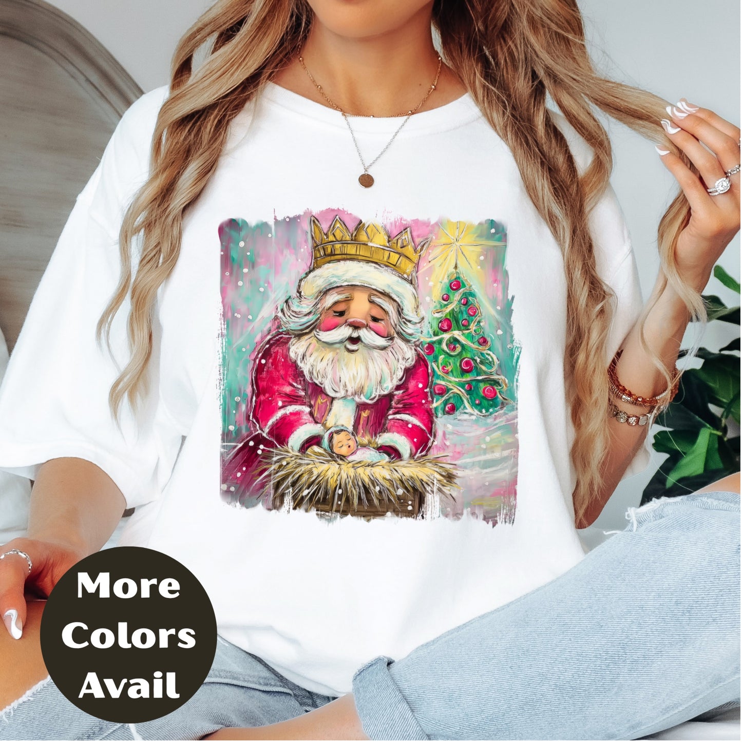 Santa Kneeling at Manger Shirt or Sweatshirt – Colorful Christmas Top S-4XL Plus Size – Santa & Nativity Tee – Holiday Christian Gift