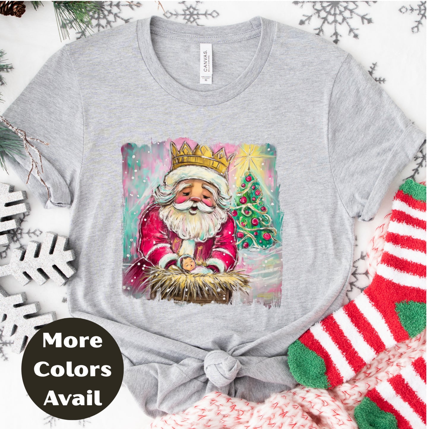 Santa Kneeling at Manger Shirt or Sweatshirt – Colorful Christmas Top S-4XL Plus Size – Santa & Nativity Tee – Holiday Christian Gift