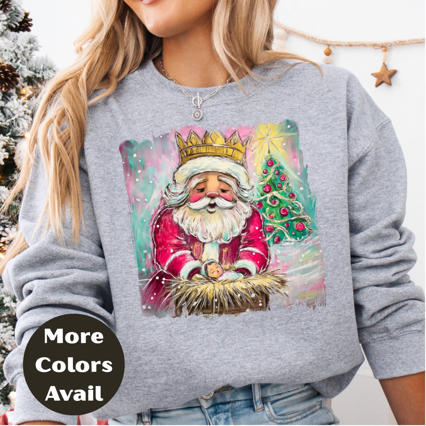Santa Kneeling at Manger Shirt or Sweatshirt – Colorful Christmas Top S-4XL Plus Size – Santa & Nativity Tee – Holiday Christian Gift