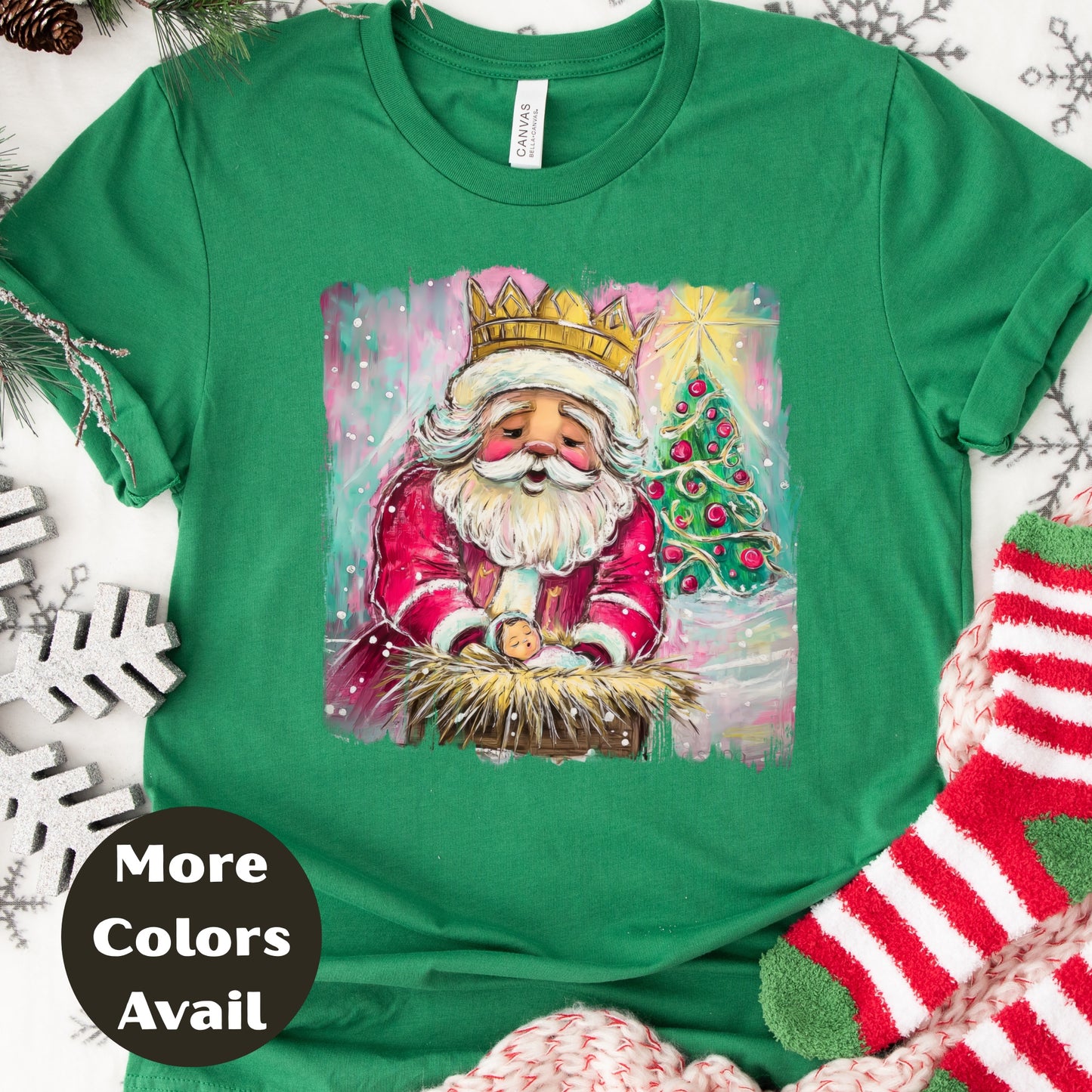 Santa Kneeling at Manger Shirt or Sweatshirt – Colorful Christmas Top S-4XL Plus Size – Santa & Nativity Tee – Holiday Christian Gift