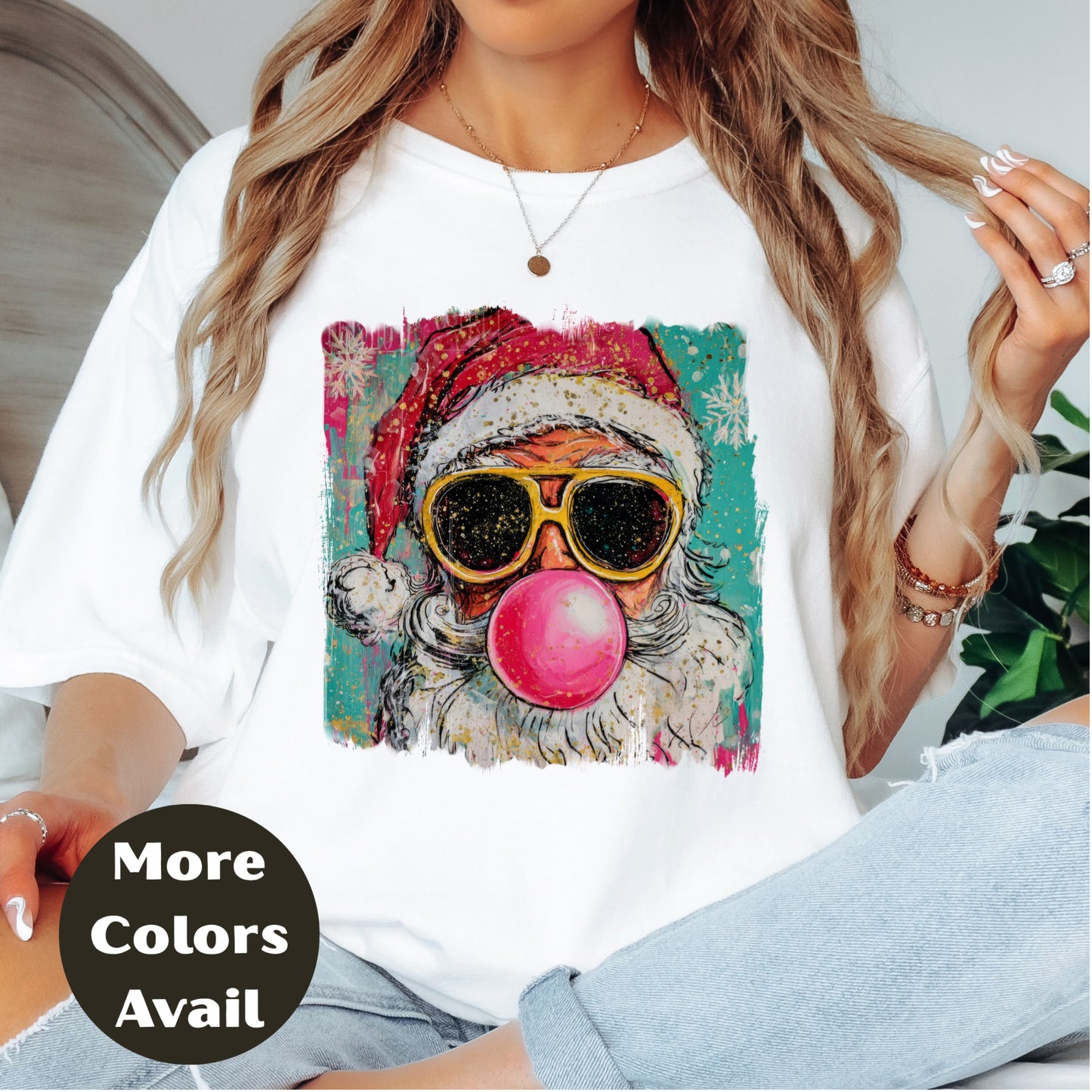 Santa Bubblegum Shirt or Sweatshirt – Cool Christmas Top S-4XL Plus Size – Retro Santa with Sunglasses – Holiday Graphic Tee