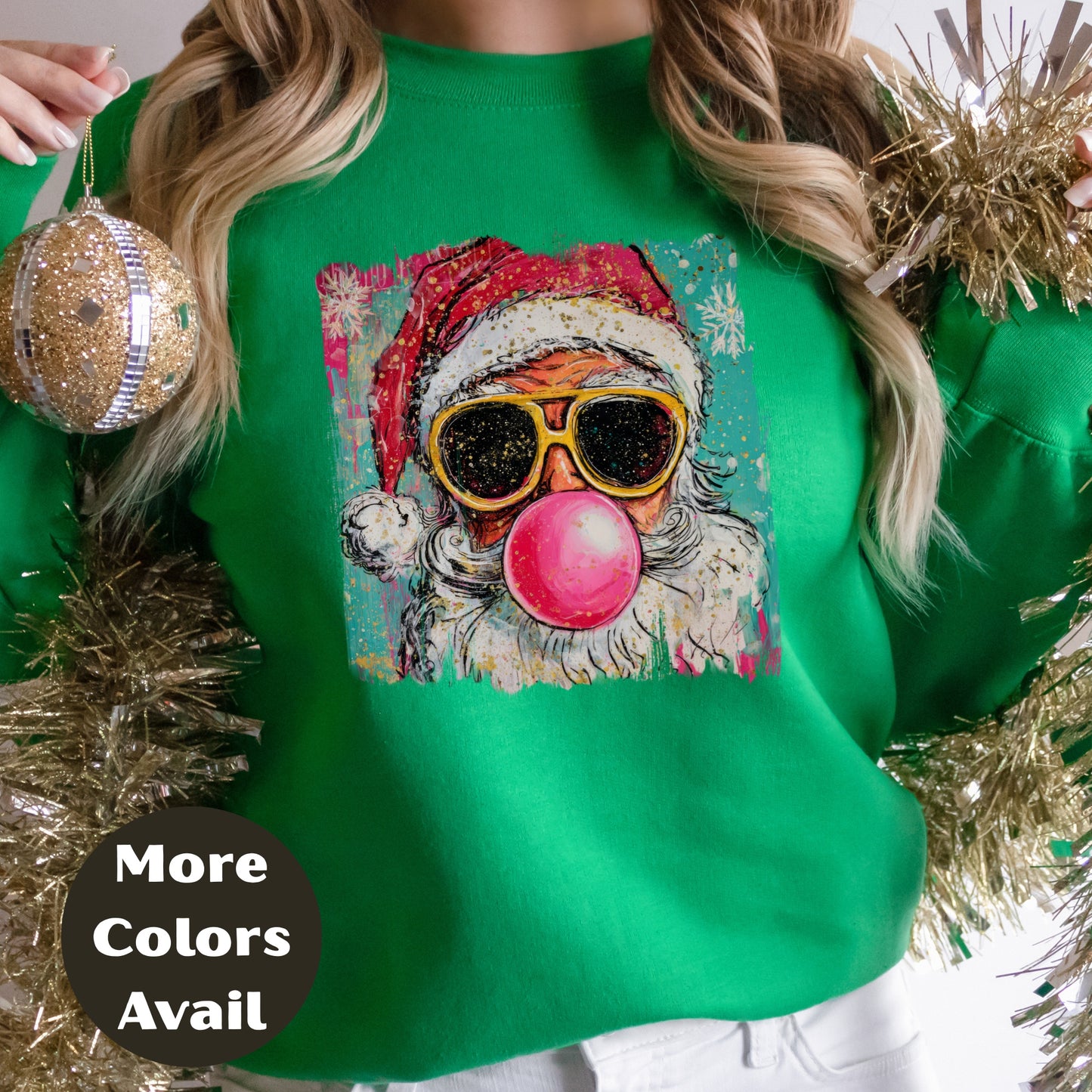 Santa Bubblegum Shirt or Sweatshirt – Cool Christmas Top S-4XL Plus Size – Retro Santa with Sunglasses – Holiday Graphic Tee